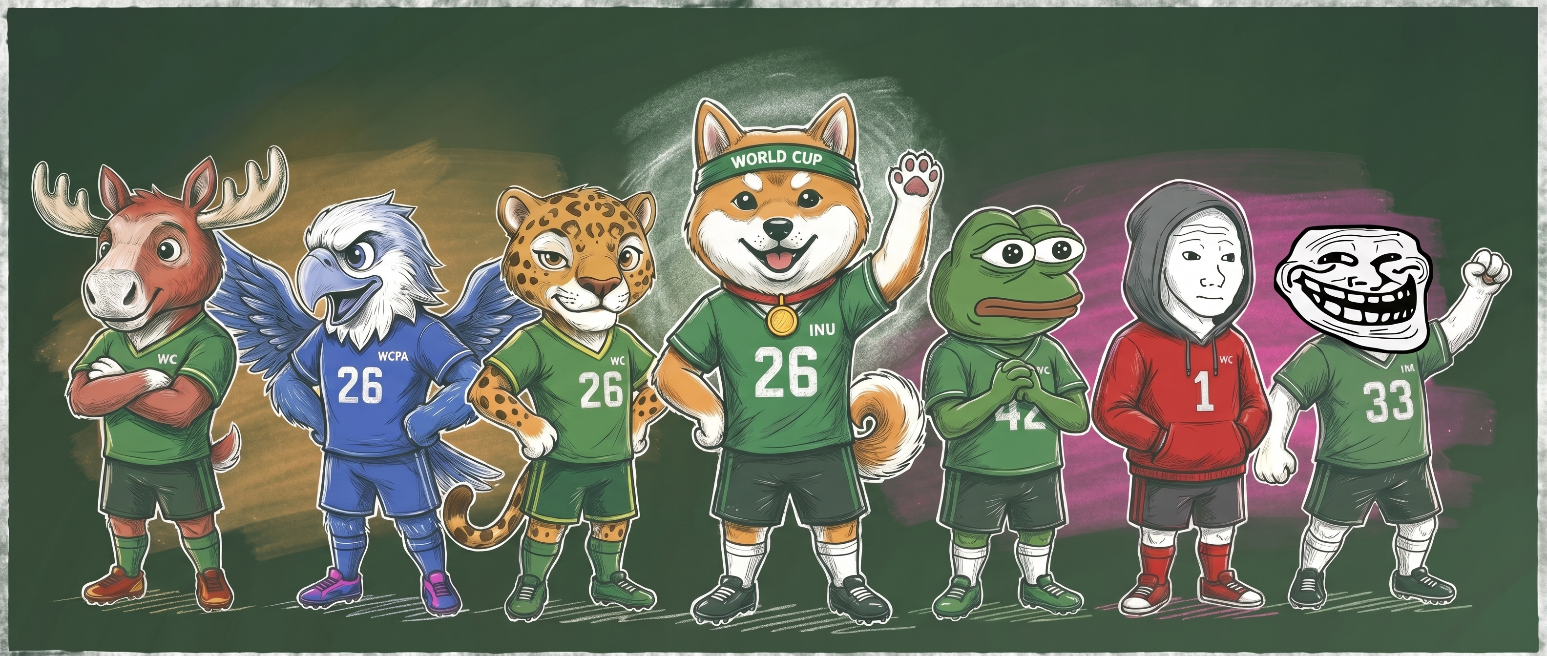 The seven WCINU characters lined up — Maple, Clutch, Zayu, Wcinu, Pepe, Wojak, Troll