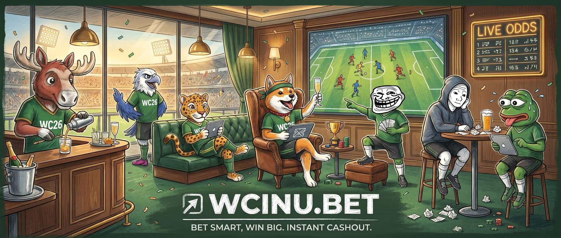 WCINU VIP lounge — all seven characters live-betting on the World Cup final